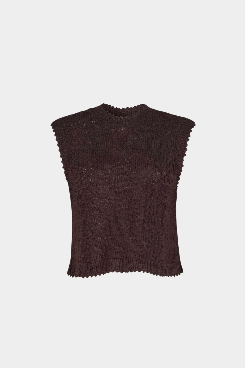 Rachel Comey Relent Top in Brown sleeveless textured bouclé sweater tank with scalloped trim front view
