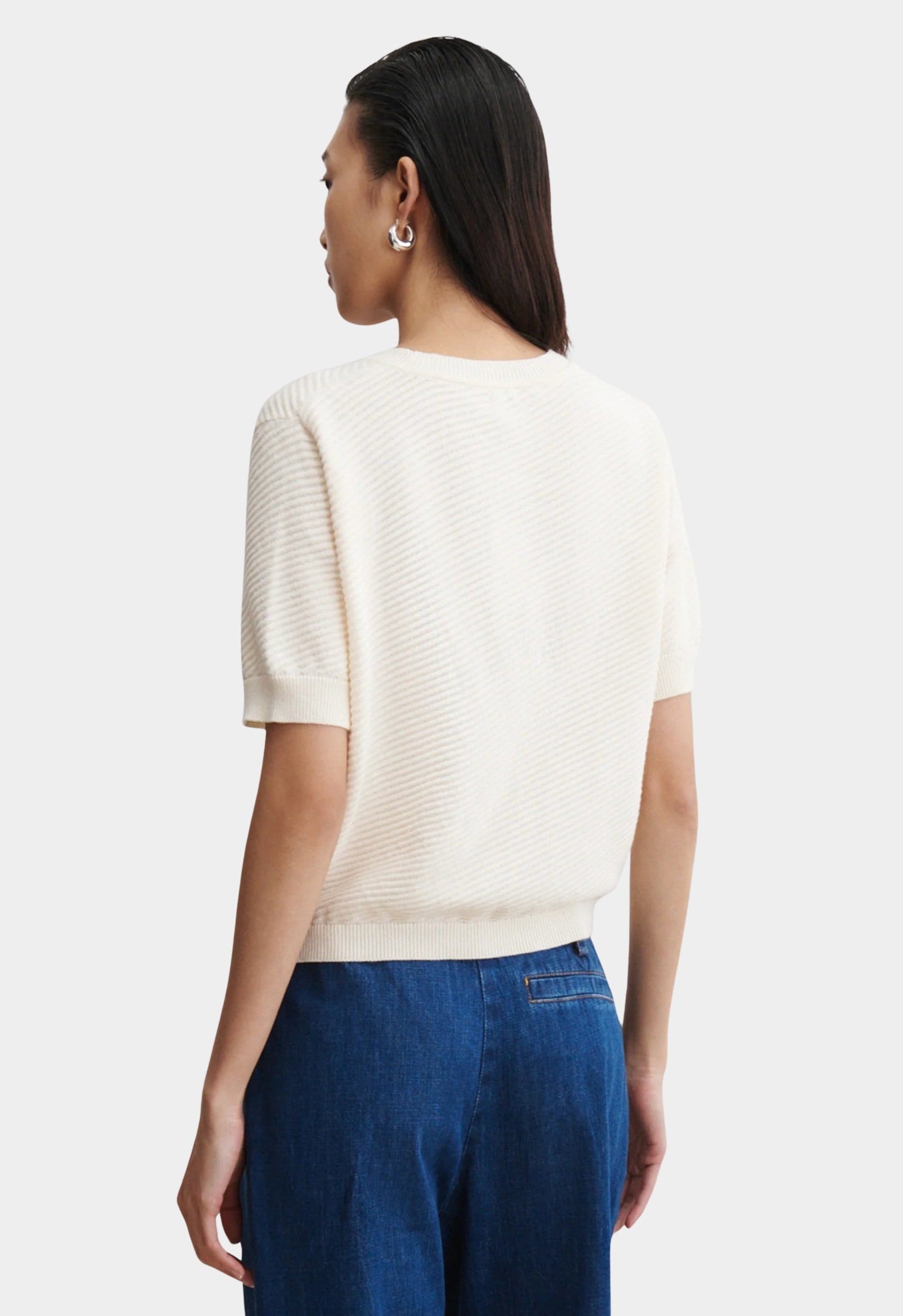 Rachel Comey Calibra Top Cream back view with textured rib knit and soft short sleeve silhouette at YUCCA Denver