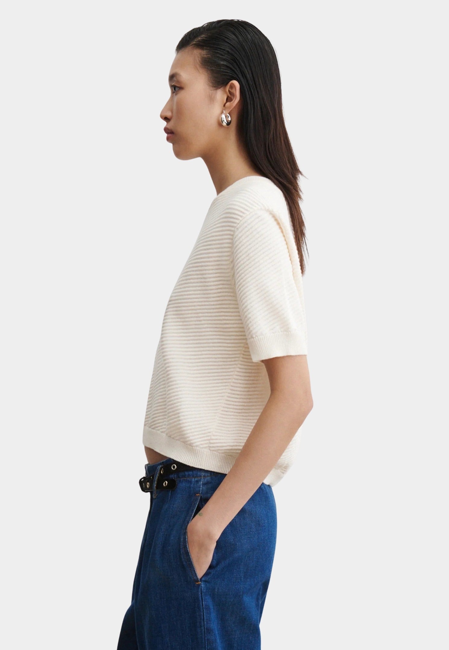 Rachel Comey Calibra Top Cream side profile showing lightweight ribbed knit and easy summer silhouette