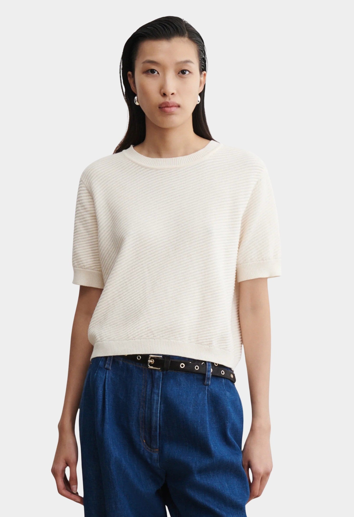 Rachel Comey Calibra Top Cream textured cotton knit tee with relaxed cropped fit and ribbed trim