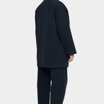 7115 by Szeki Mid-Length Chore Coat Navy angled back view showing the collar and rear seam.