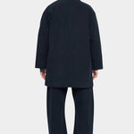 7115 by Szeki Mid-Length Chore Coat Navy back view showing mid length hem and dropped shoulders.
