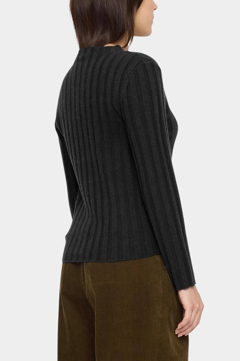7115 by Szeki Mock Neck Ribbed Long Sleeves Charcoal back view showing wide vertical ribbing and the mock neck.