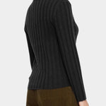 7115 by Szeki Mock Neck Ribbed Long Sleeves Charcoal back view showing wide vertical ribbing and the mock neck.