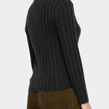 7115 by Szeki Mock Neck Ribbed Long Sleeves Charcoal back view showing wide vertical ribbing and the mock neck.