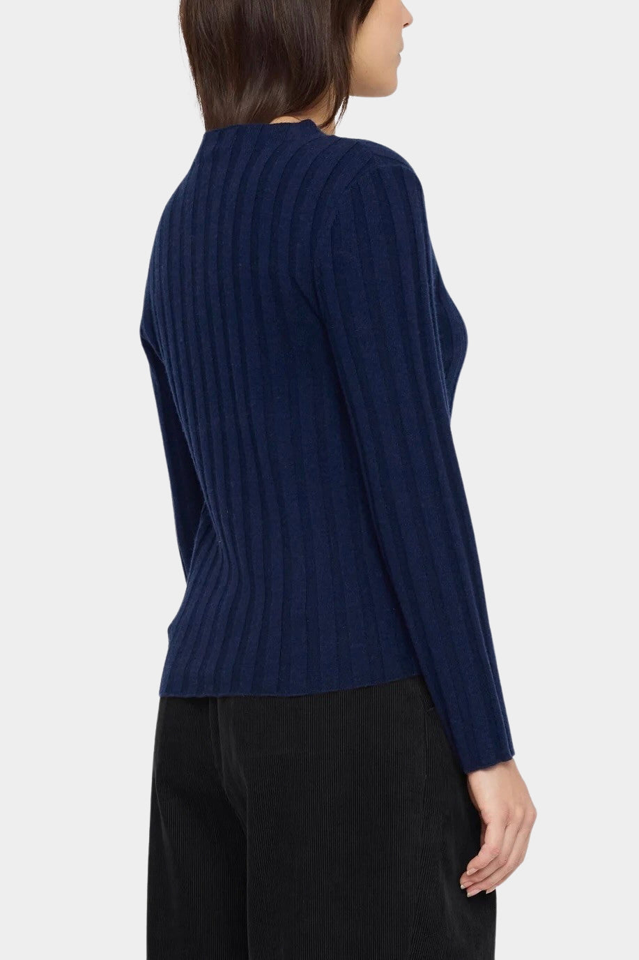 7115 by Szeki Mock Neck Ribbed Long Sleeves Navy back and side view showing the ribbed knit.