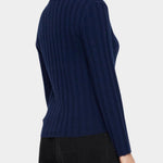 7115 by Szeki Mock Neck Ribbed Long Sleeves Navy back and side view showing the ribbed knit.