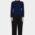 7115 by Szeki Mock Neck Ribbed Long Sleeves Navy front view showing wide vertical ribs at YUCCA Denver.