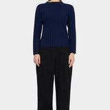 7115 by Szeki Mock Neck Ribbed Long Sleeves Navy front view showing wide vertical ribs at YUCCA Denver.