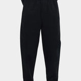 Close front view of the black pull-up trouser showing the elastic waist and softly tapered legs