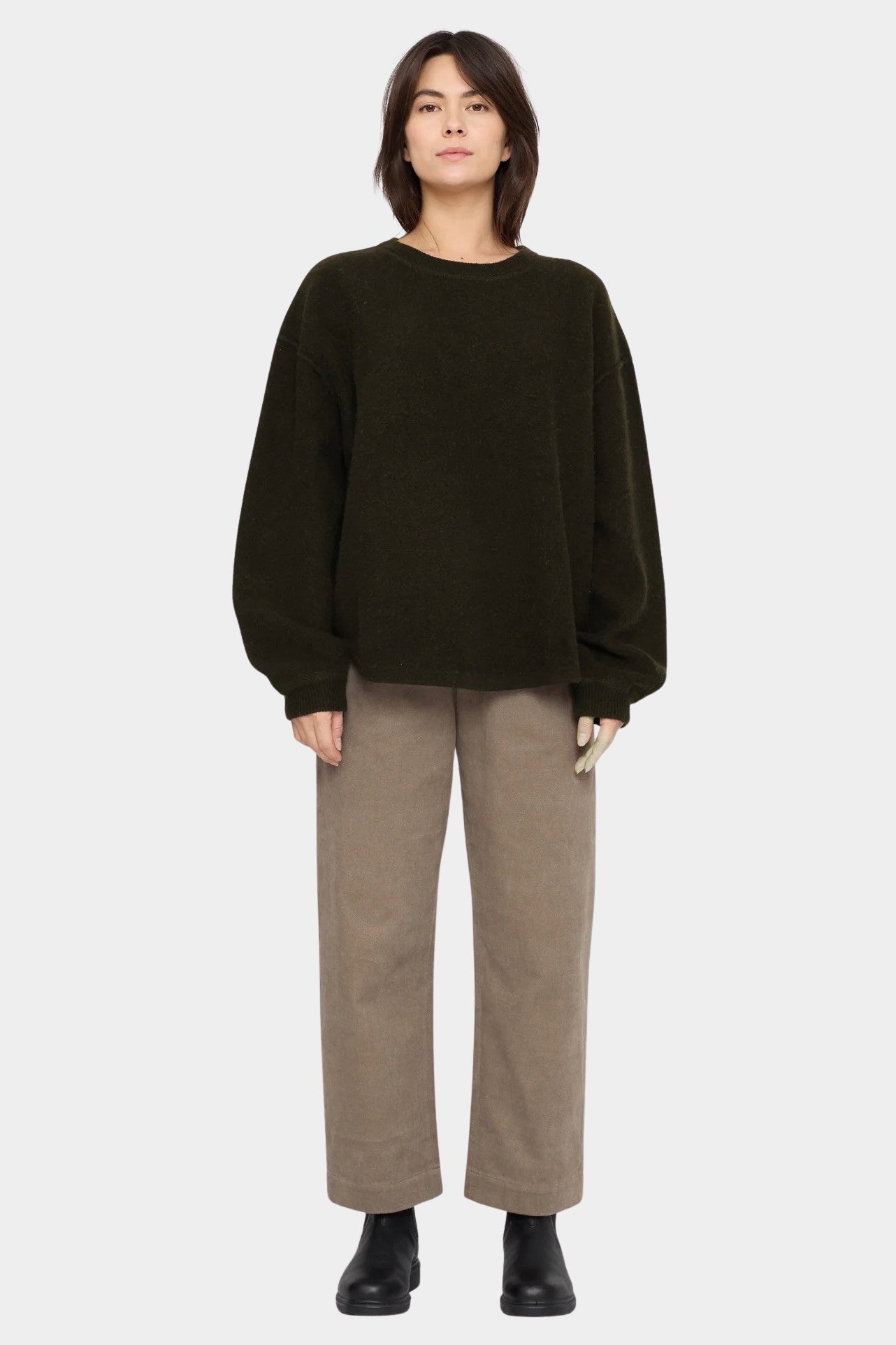 7115 by Szeki Signature Keepsake Jumper Olive Brown front view with relaxed sleeves at YUCCA Denver.