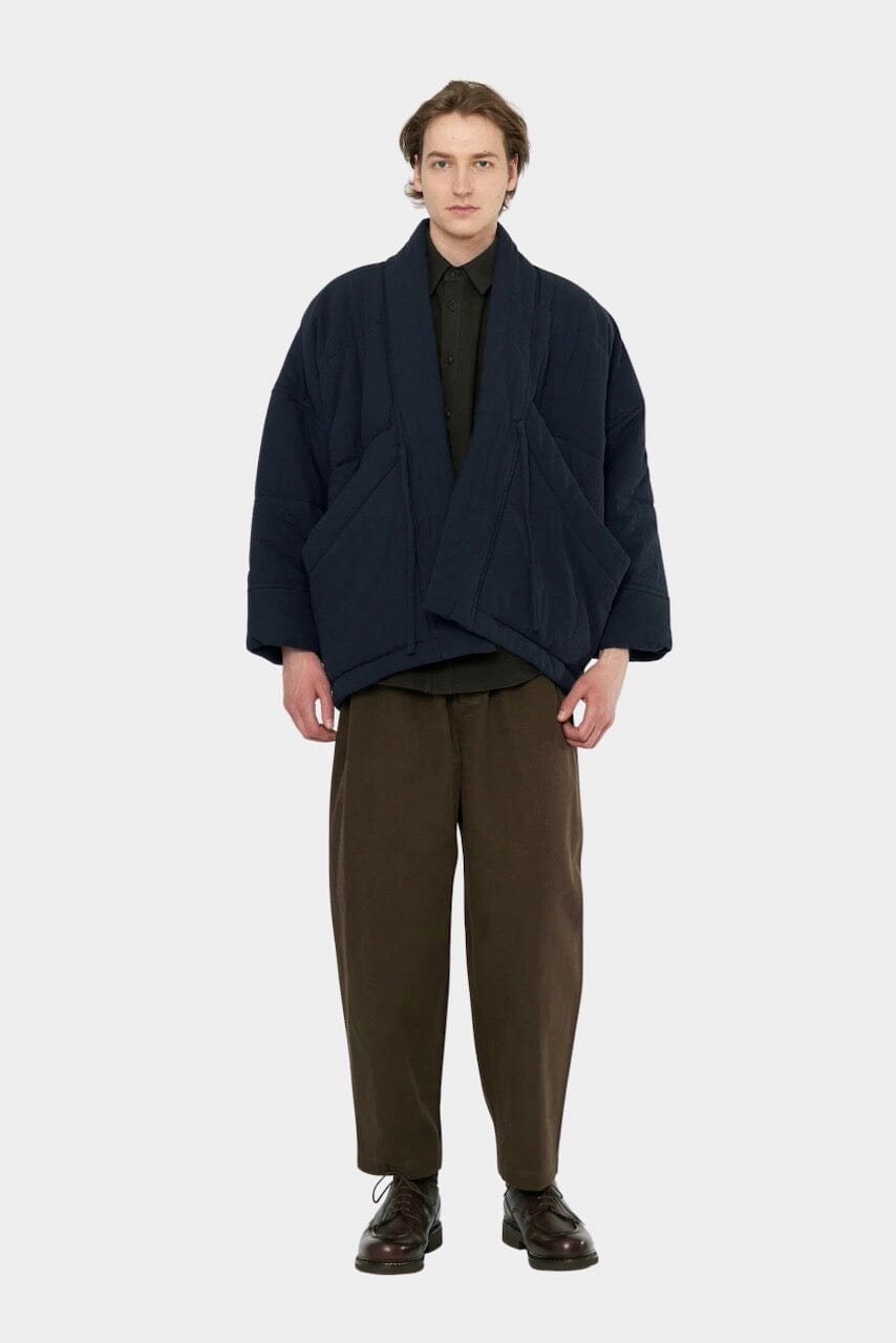 7115 by Szeki Signature Sumo Puffer in Navy Black oversized cocoon jacket with tie front