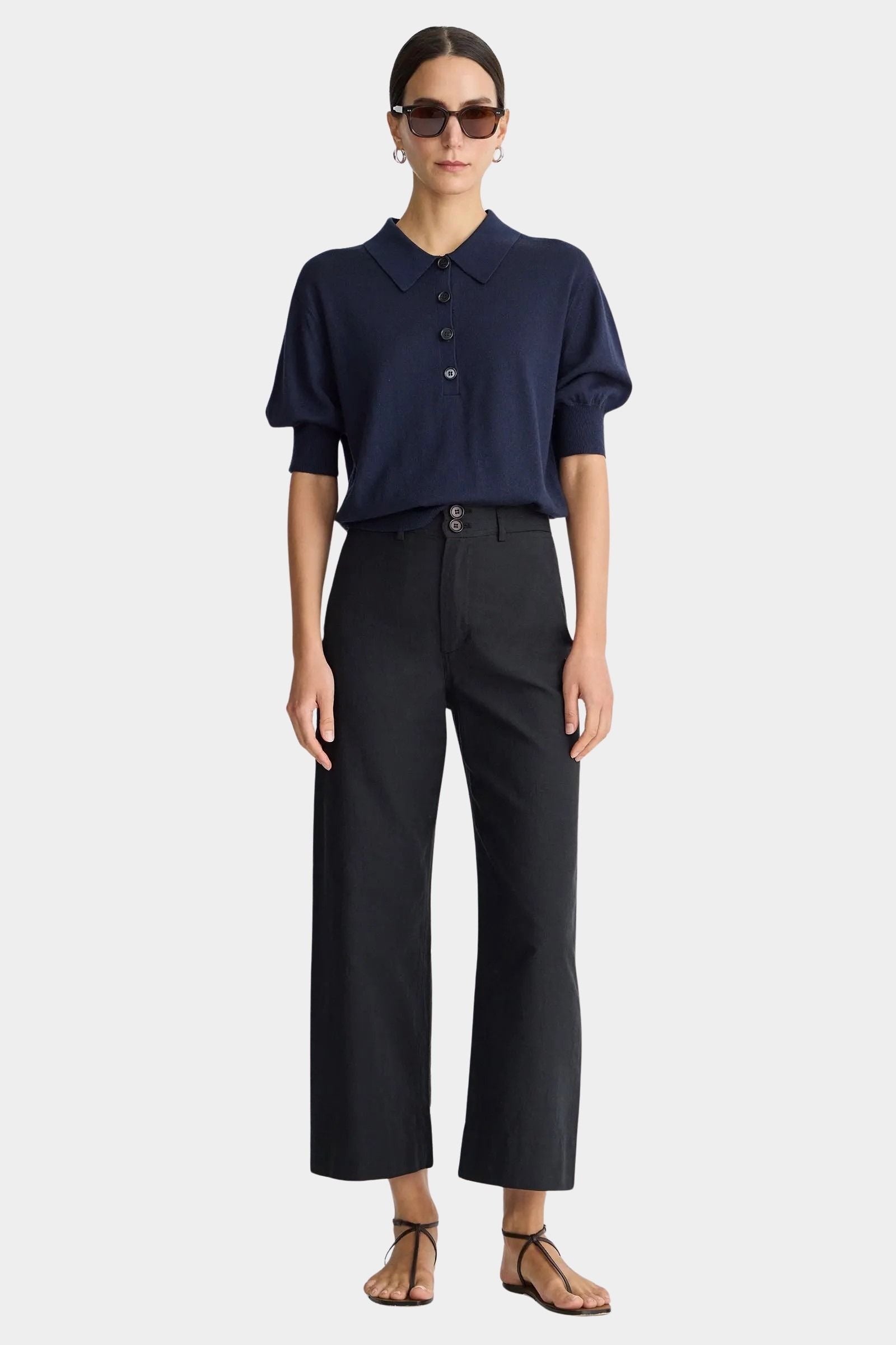 Apiece Apart Classic Merida Pant black cotton wide leg cropped trousers front view
