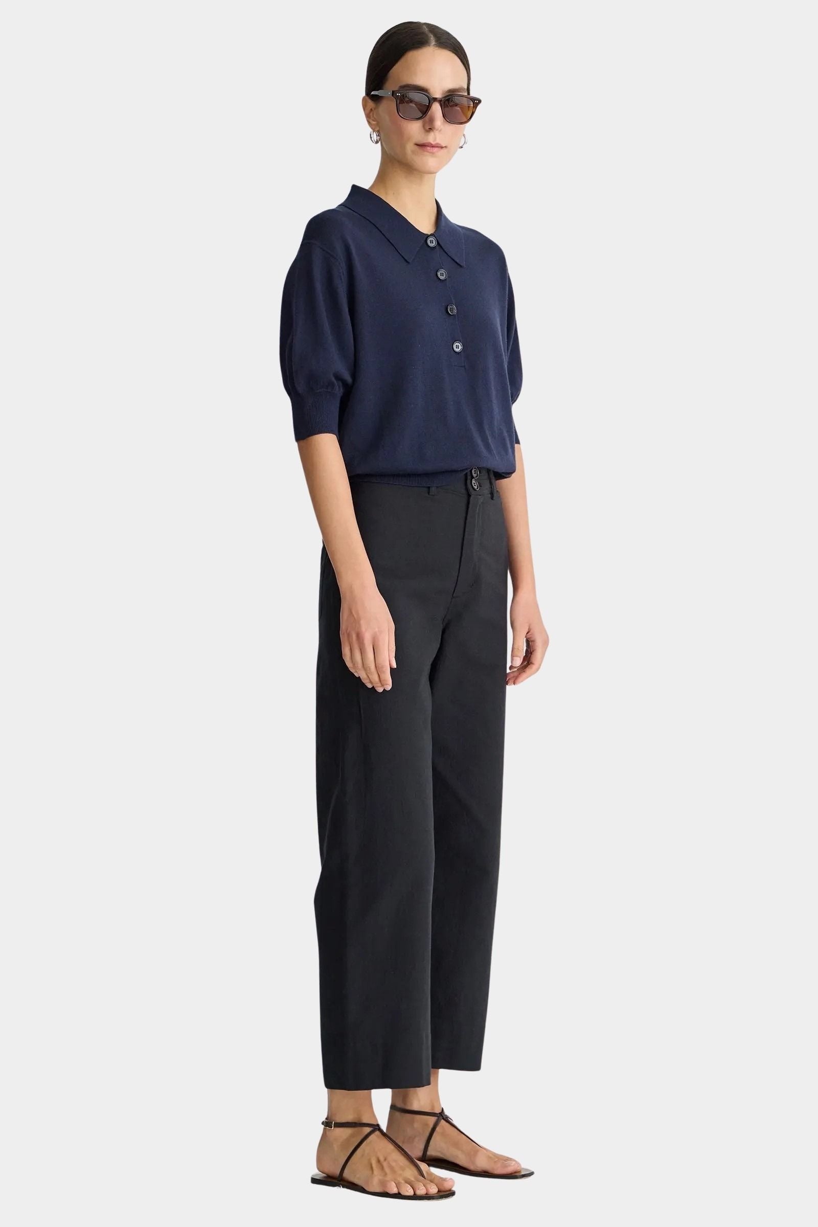 Apiece Apart Classic Merida Pant black cotton wide leg tailored trousers side view