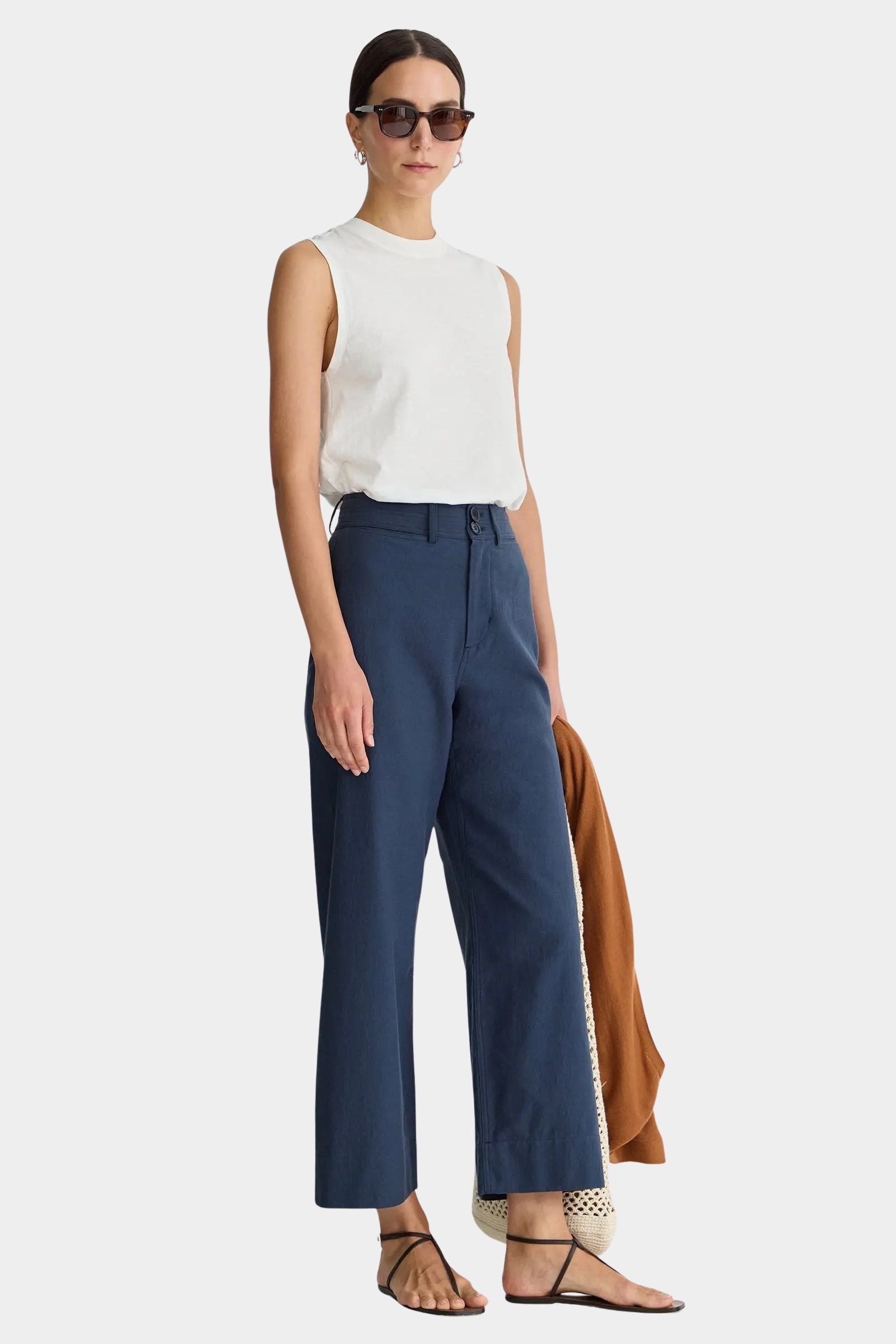 Apiece Apart Classic Merida Pant navy cotton wide leg tailored trousers full look