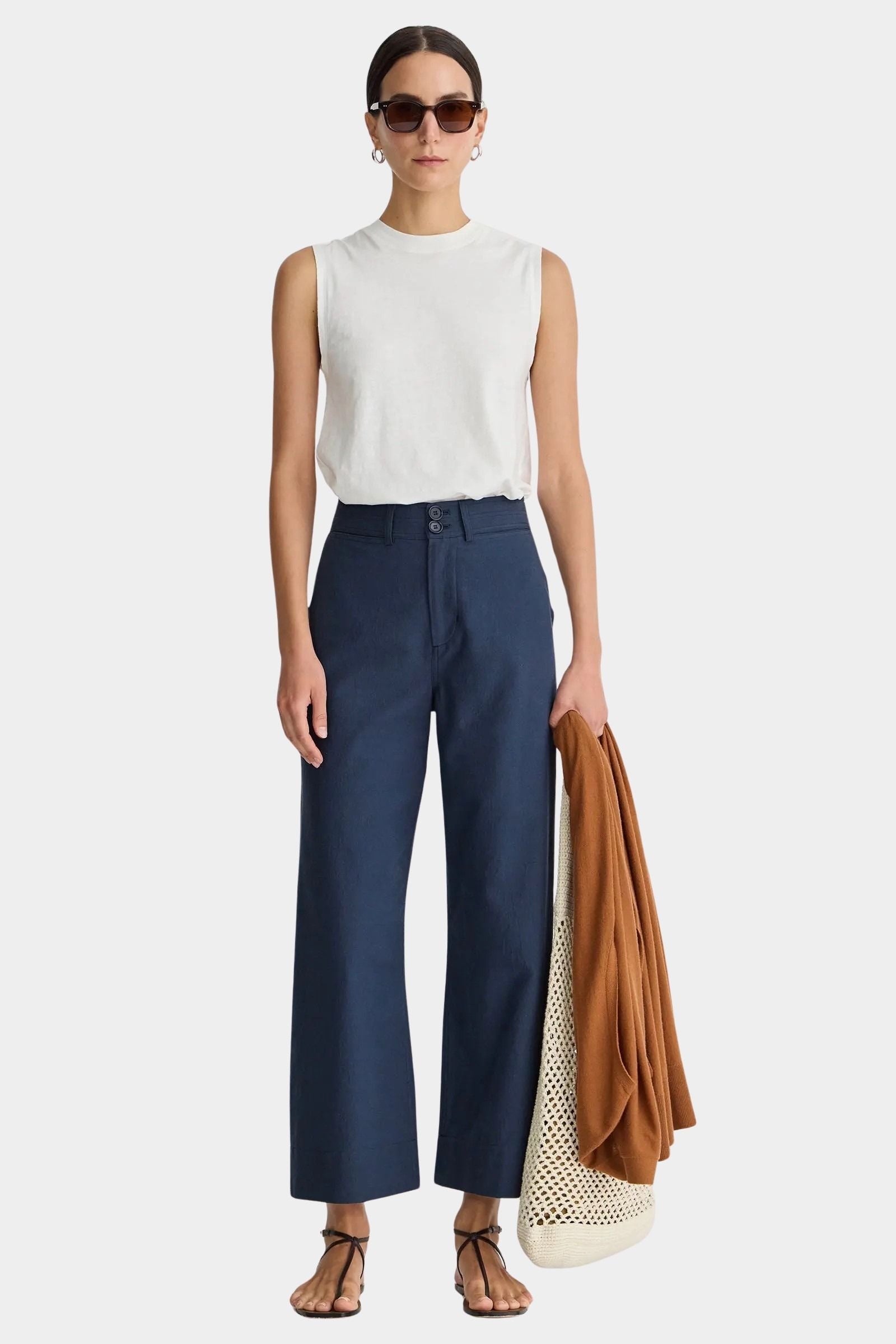 Apiece Apart Classic Merida Pant navy cotton wide leg cropped trousers front view