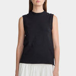 Apiece Apart Forte Tee Black front view with structured sleeveless silhouette and organic cotton muscle tee styling