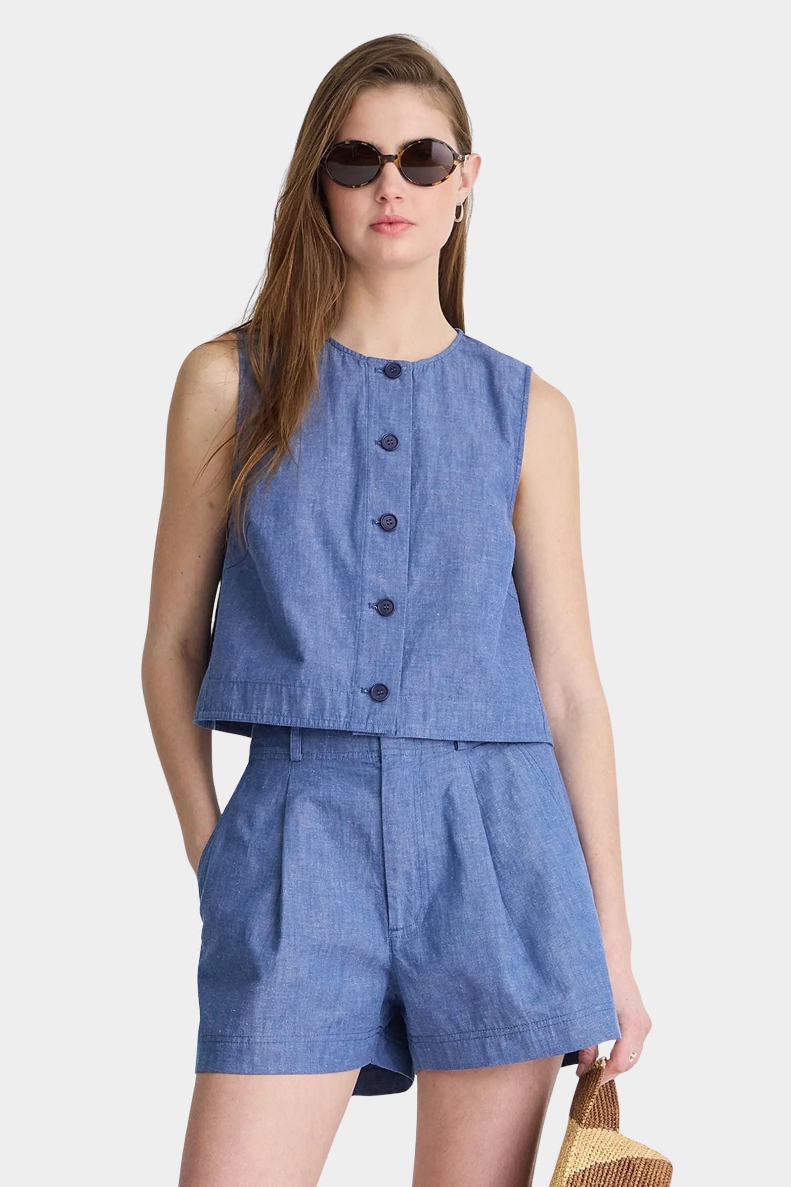 Apiece Apart Godet Tank Chambray front view with relaxed fit and breathable cotton linen fabric at YUCCA Denver