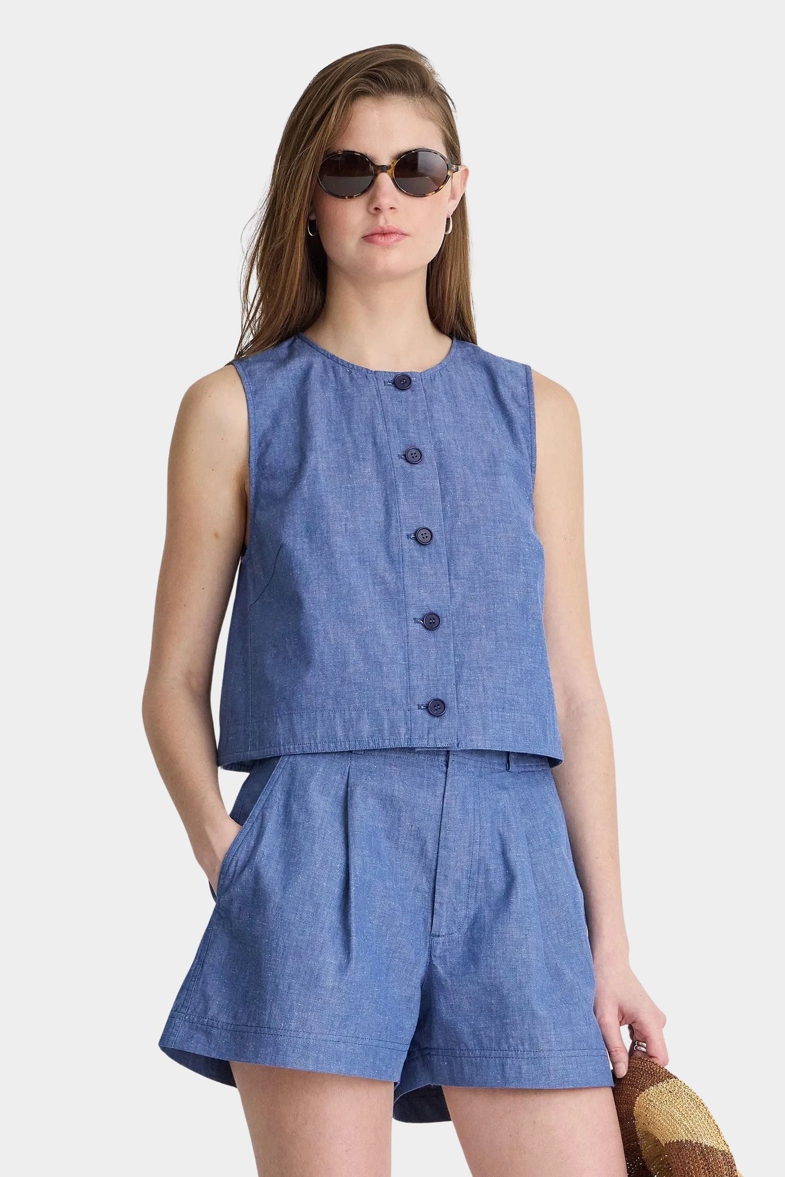 Apiece Apart Godet Tank Chambray styled with matching shorts in lightweight cotton linen chambray