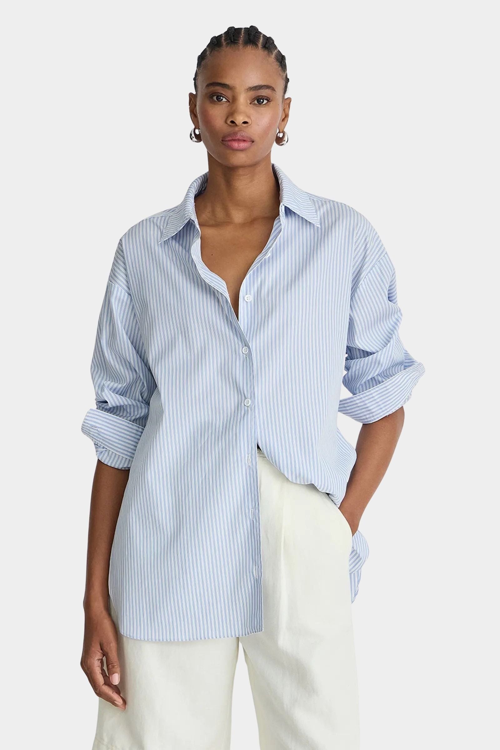 Apiece Apart Isolde Button Down Blue and White Stripes oversized cotton button-down styled with relaxed sleeves