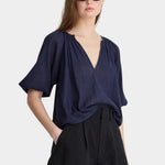 Apiece Apart Lo Campo Shirt Navy organic cotton blouse with gathered V-neckline and relaxed drape at YUCCA Denver