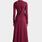 Apiece Apart Long Sleeve Volta Dress in Black Cherry with twist detail and midi silhouette at YUCCA Denver
