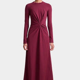 Apiece Apart Long Sleeve Volta Dress in Black Cherry with twist detail and midi silhouette at YUCCA Denver