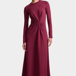 Apiece Apart Long Sleeve Volta Dress in Black Cherry with twist detail and midi silhouette at YUCCA Denver