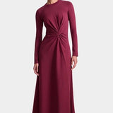 Apiece Apart Long Sleeve Volta Dress in Black Cherry with twist detail and midi silhouette at YUCCA Denver
