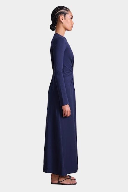 Apiece Apart Long Sleeve Volta Dress in Navy with twist waist detail and midi length at YUCCA Denver