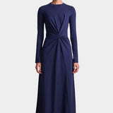 Apiece Apart Long Sleeve Volta Dress in Navy with twist waist detail and midi length at YUCCA Denver