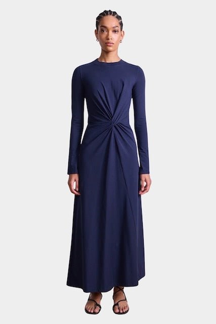 Apiece Apart Long Sleeve Volta Dress in Navy with twist waist detail and midi length at YUCCA Denver