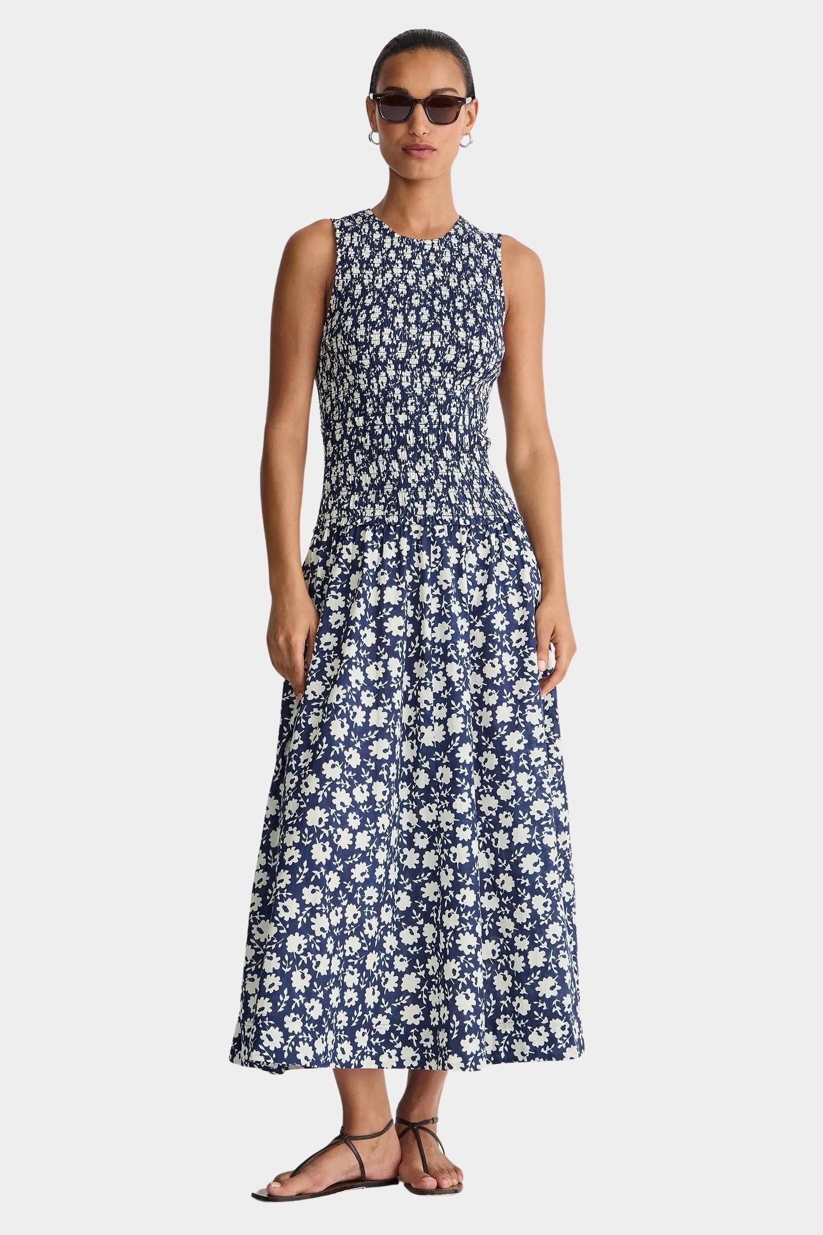 Midnight navy maxi dress full length front view sleeveless smocked waist organic cotton A-line skirt minimal silhouette