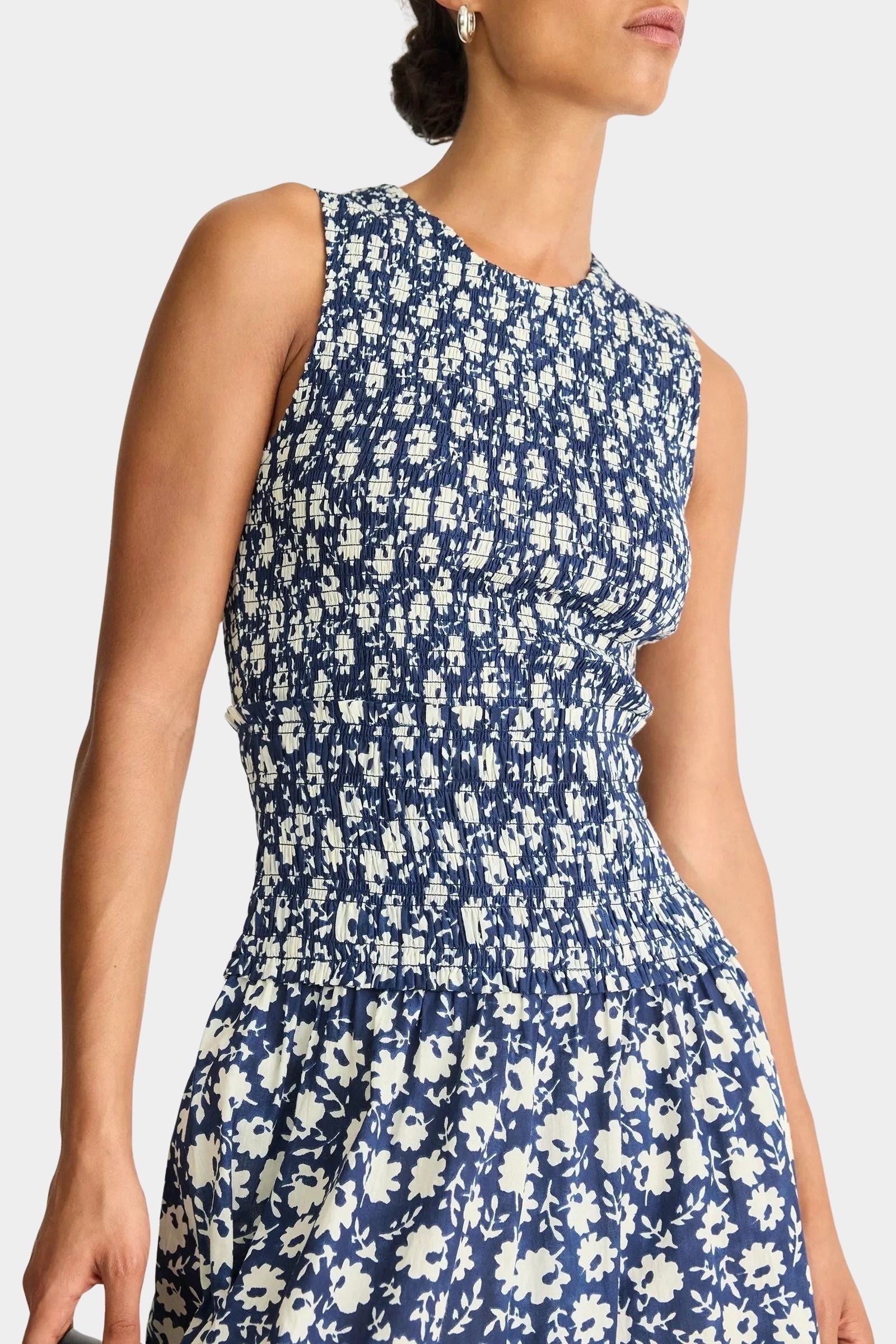 Midnight navy smocked bodice maxi dress sleeveless crew neck organic cotton A-line silhouette full length front view
