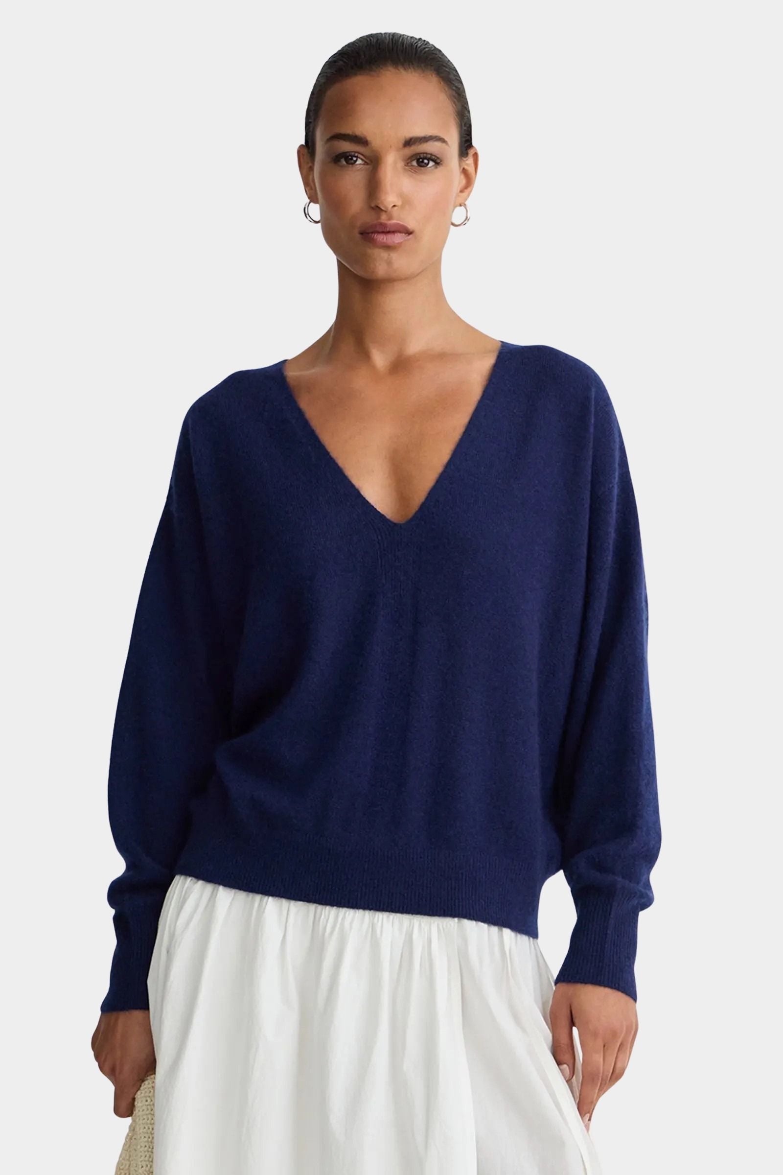 Apiece Apart silk cashmere V neck sweater eclipse blue relaxed luxury knit