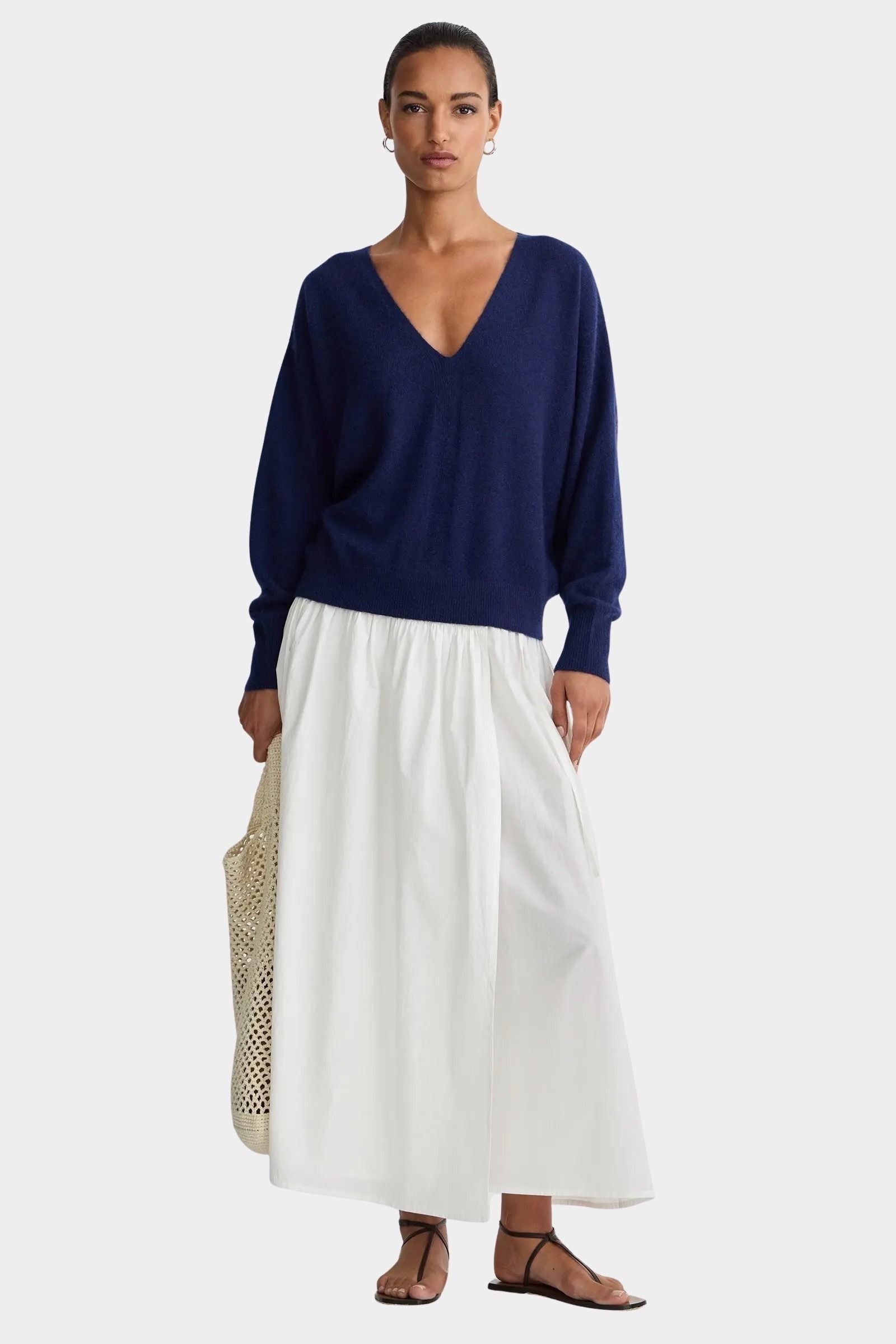 Apiece Apart silk cashmere V neck sweater eclipse blue designer knit front view
