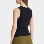 Apiece Apart Uri Low-Cut Tank Black back view with sleeveless fitted silhouette and olive shorts