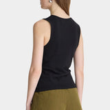Apiece Apart Uri Low-Cut Tank Black back view with sleeveless fitted silhouette and olive shorts