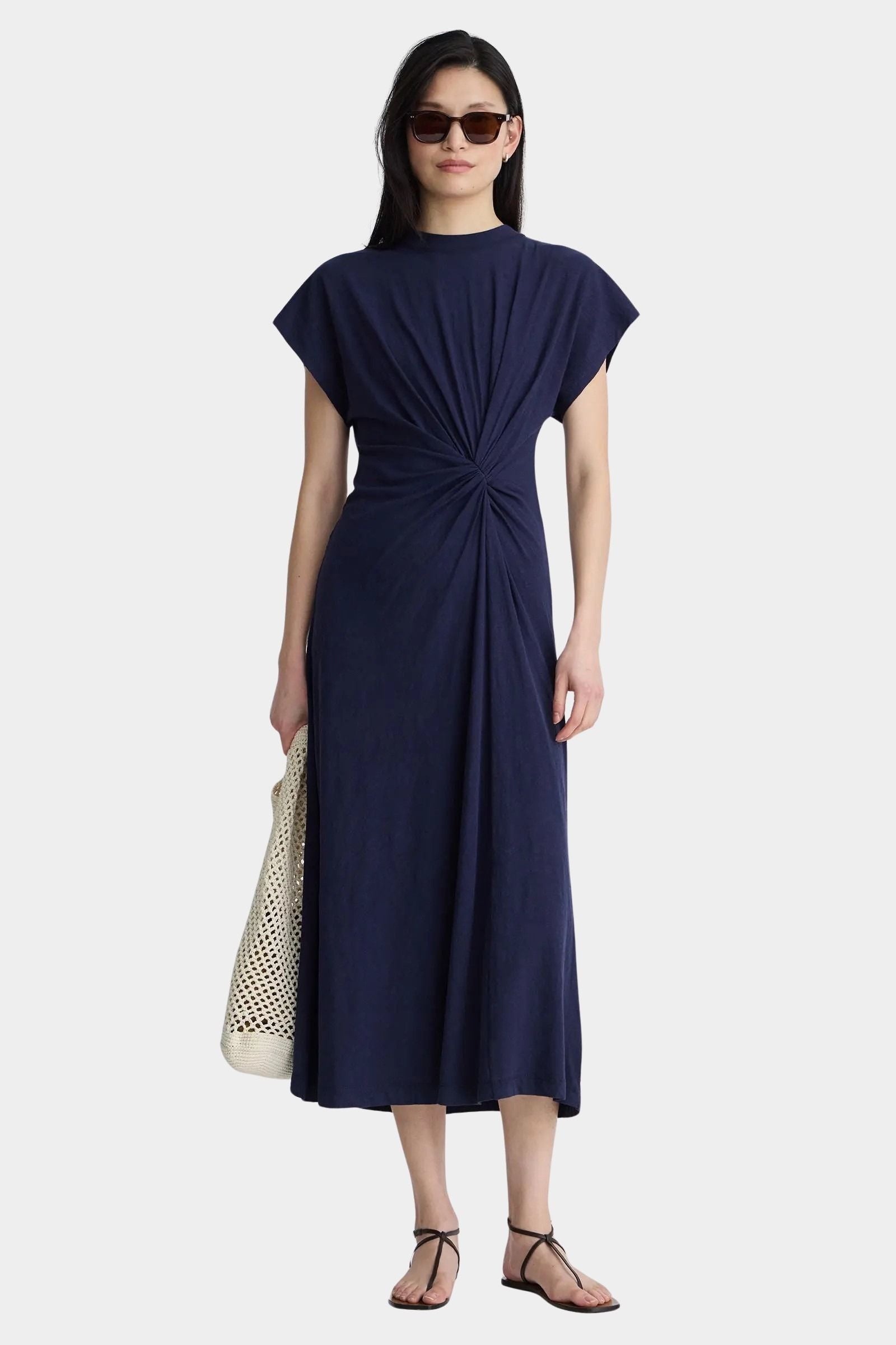 Apiece Apart Volta Twist Dress navy organic cotton twist waist midi dress front view