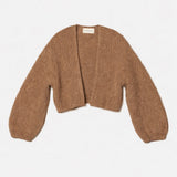 Atelier Delphine Super Crop Cora Cardigan in tan, cropped ribbed knit with open front and voluminous sleeves laid flat on white background