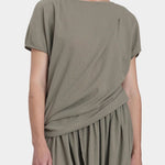 Black Crane asymmetric cotton gauze top cement close view of neckline and shoulder seam