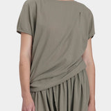 Black Crane asymmetric cotton gauze top cement close view of neckline and shoulder seam