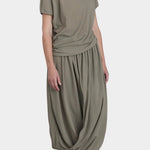 Black Crane asymmetric cotton gauze top in cement on model with sculptural drape and relaxed fit full outfit view
