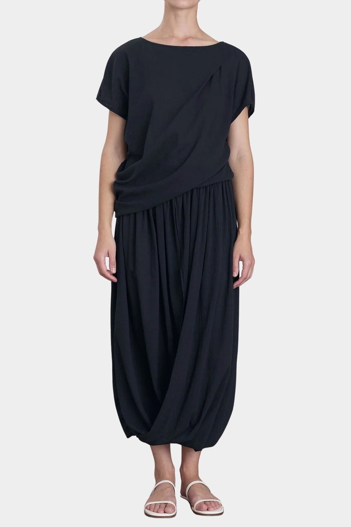 Black Crane asymmetric cotton gauze top in sumi black on model with relaxed drape full outfit view