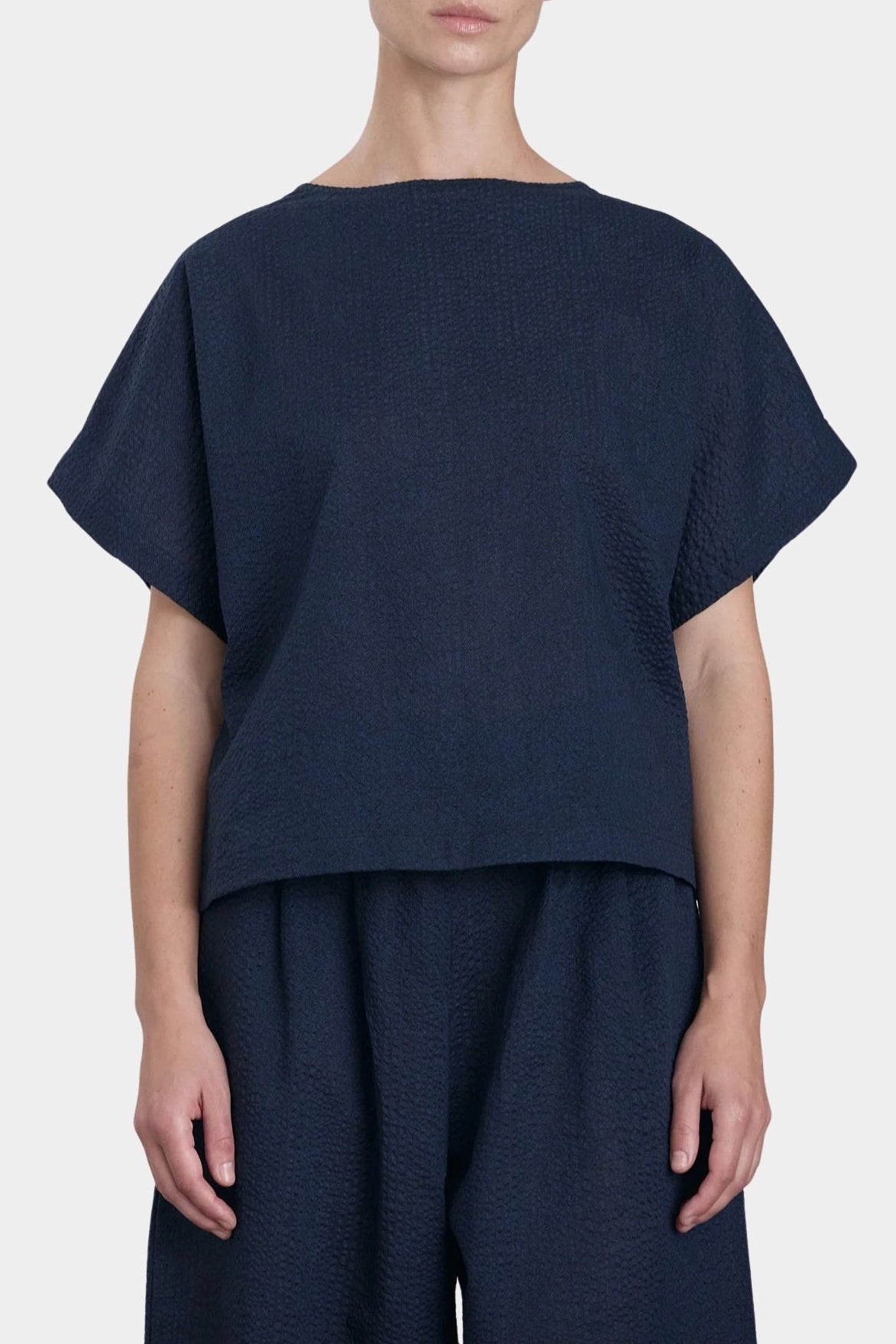 Black Crane Boxed Top Navy front cropped hem detail textured cotton