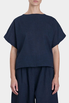 Black Crane Boxed Top Navy front cropped hem detail textured cotton