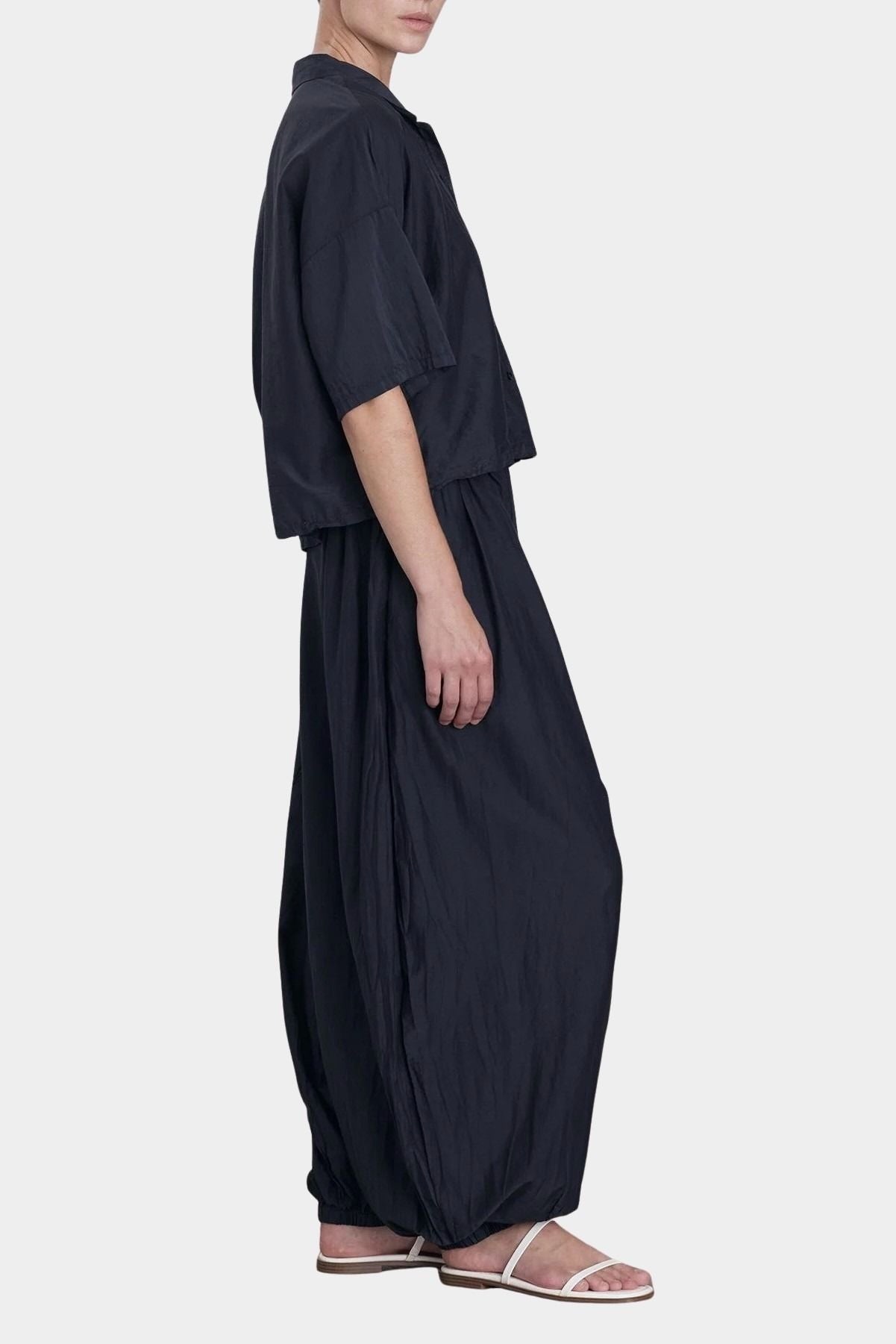 Black Crane cropped shirt faded black side profile showing loose drape and structure