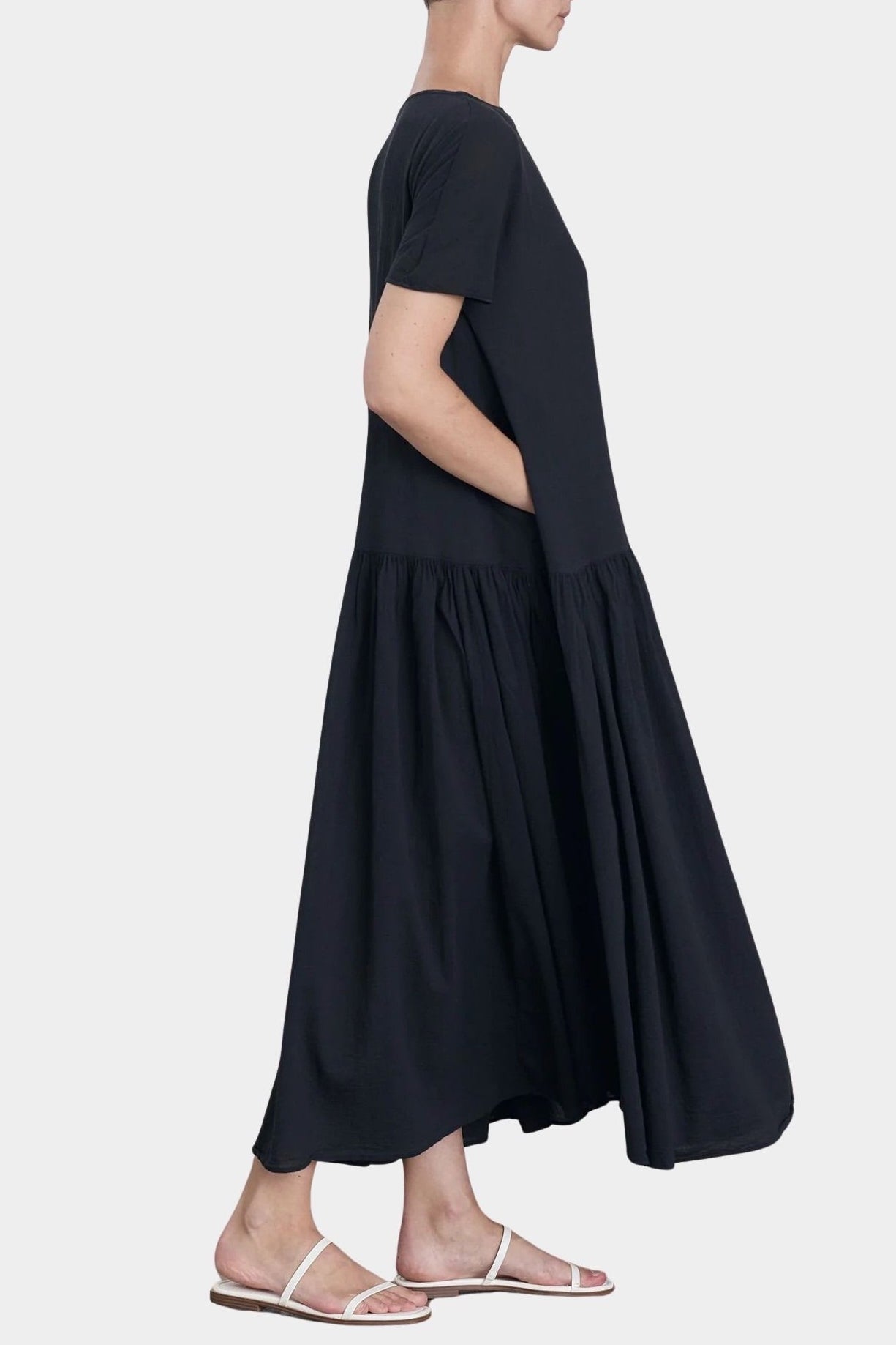 black crane new easy dress sumi black cotton gauze side view with pockets dropped waist silhouette