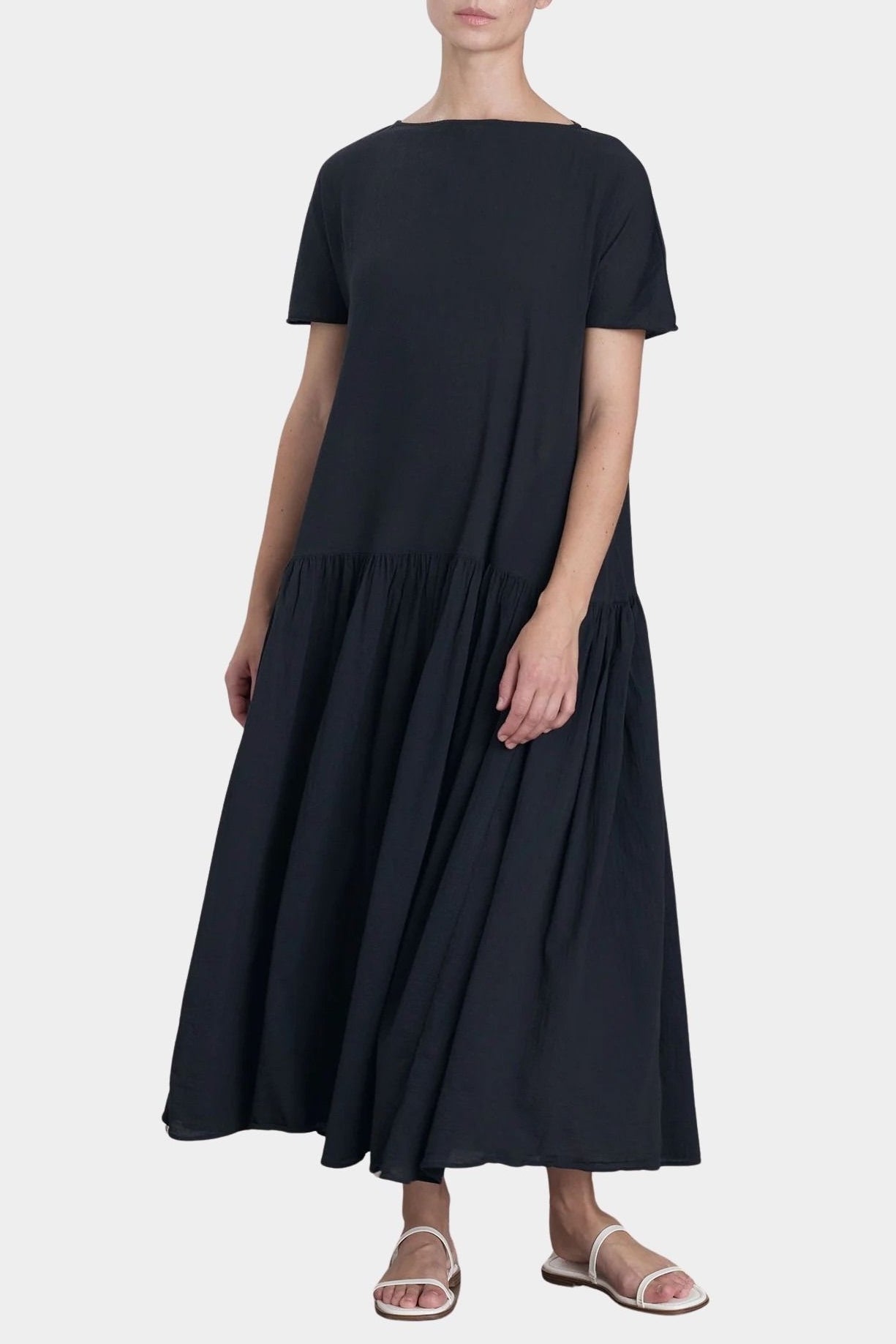 black crane new easy dress sumi black cotton gauze front angled view short sleeve relaxed fit