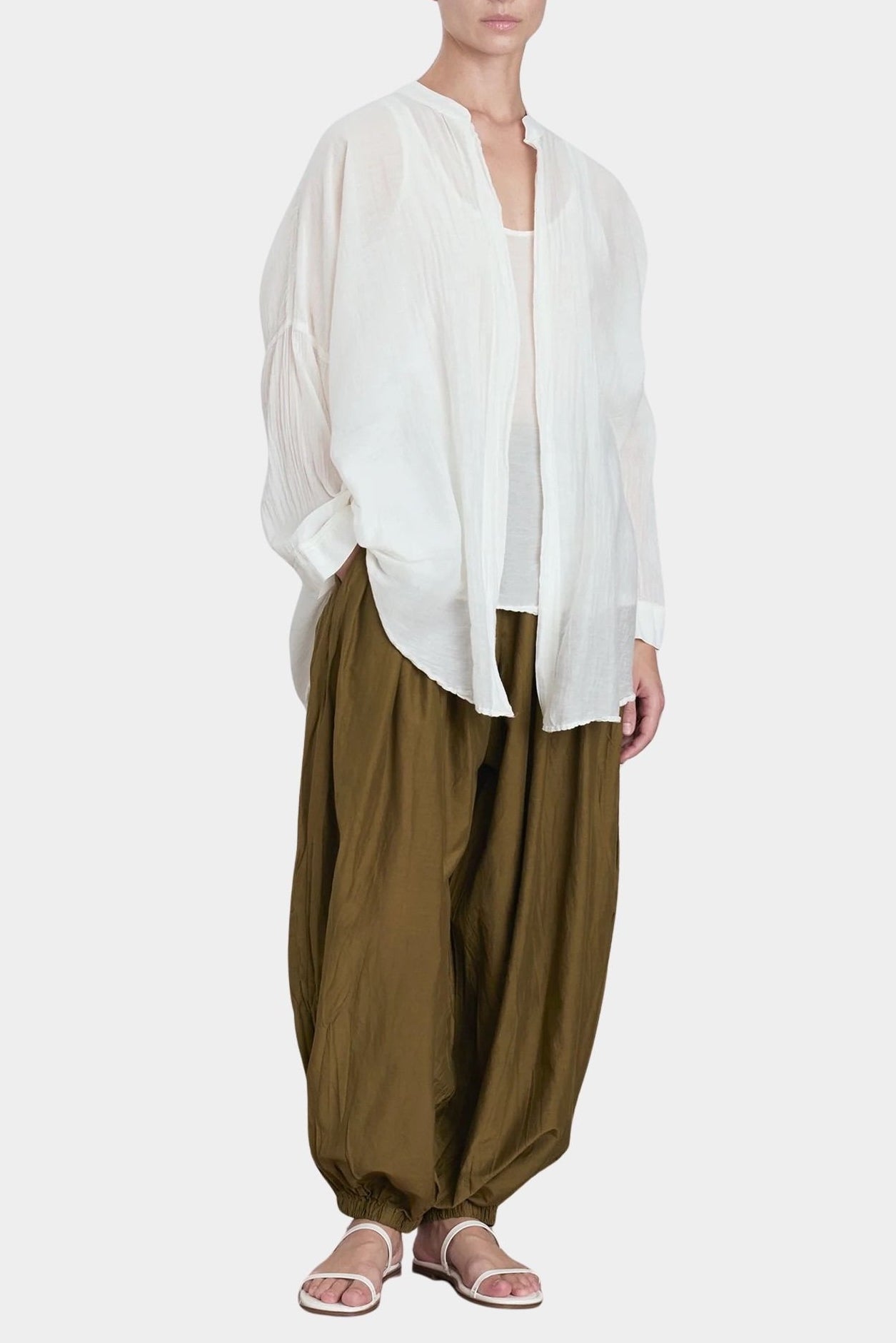 square shirt womens ivory sheer cotton silk oversized top black crane angled front full view